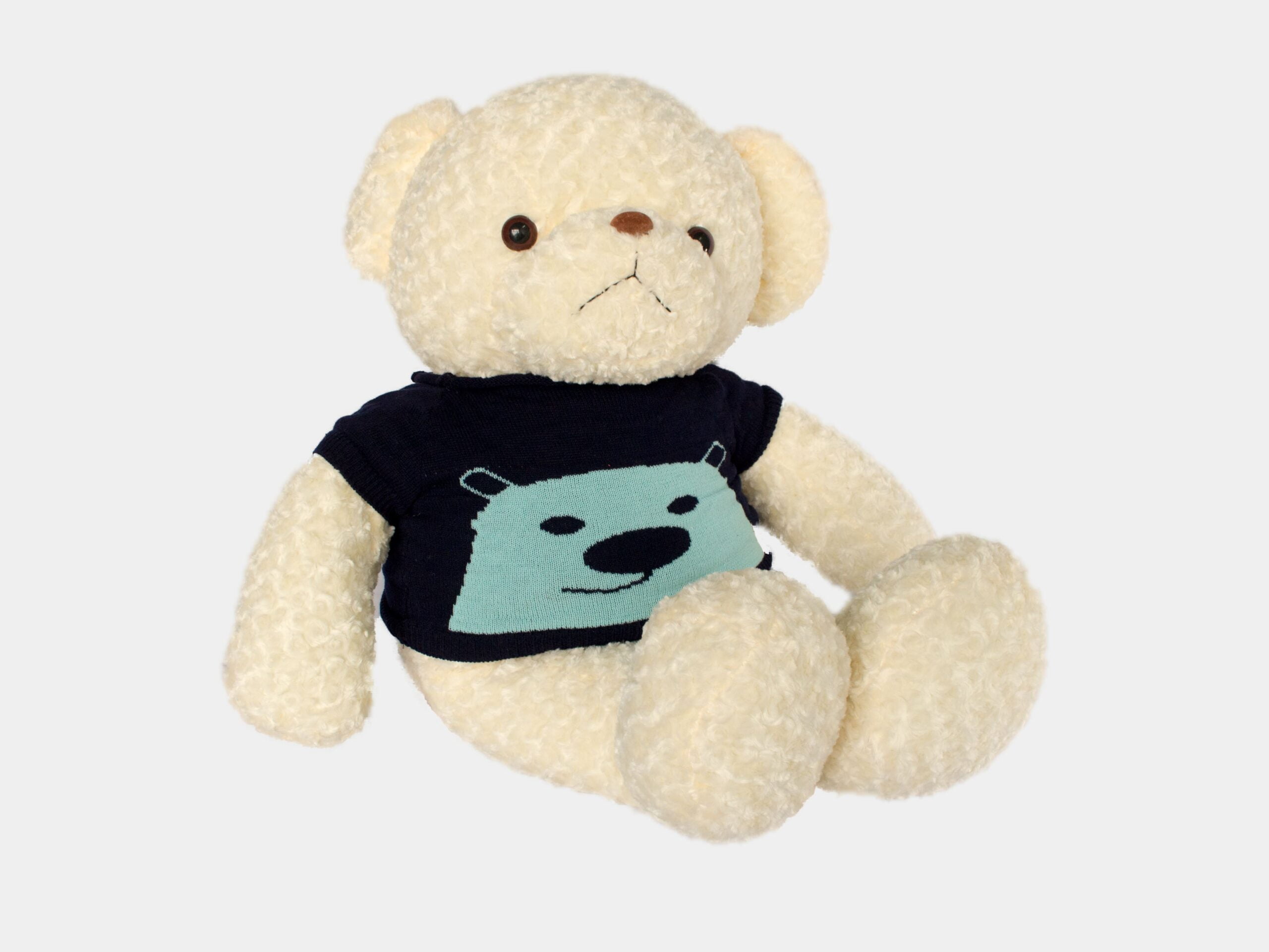 Gấu bông teddy xoắn trắng len xanh